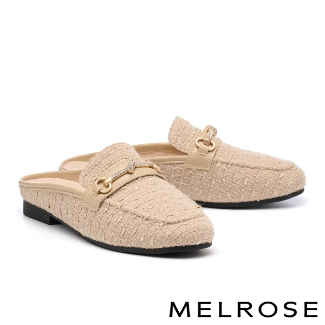 【MELROSE】美樂斯 高雅品味晶鑽一字釦毛呢布穆勒低跟拖鞋(杏)