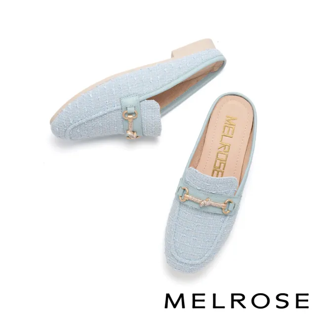 【MELROSE】美樂斯 高雅品味晶鑽一字釦毛呢布穆勒低跟拖鞋(藍)