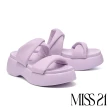 【MISS 21】可愛舒適澎感扭結雙寬帶羊皮大頭厚底拖鞋(紫)