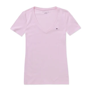 【Tommy Hilfiger】TOMMY 經典V領Logo素面短袖T恤-女-粉色(平輸品/爆款/必備基本款)