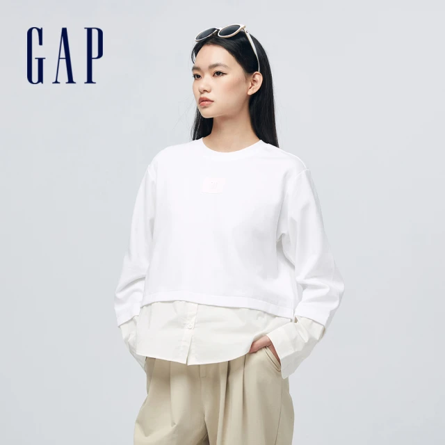 【GAP】女裝 Logo假兩件圓領長袖T恤-白色(452253)