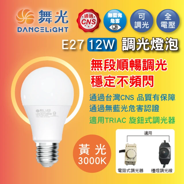 【DanceLight 舞光】5入組 12W LED無段調光燈泡 E27 全電壓 調亮度 檯燈(黃光 3000K 適用TRIAC旋鈕式調光)