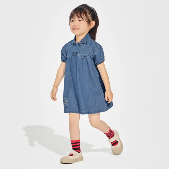 【GAP】女幼童裝 Logo翻領短袖牛仔洋裝-深藍色(890347)