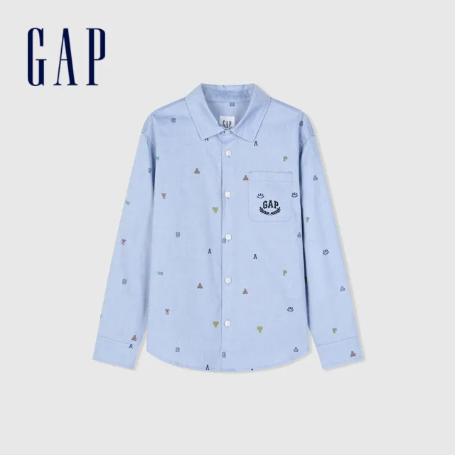 【GAP】男童裝 Logo純棉小熊印花翻領長袖襯衫-藍色(890364)