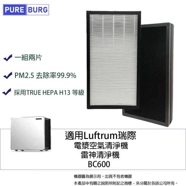 PUREBURG 適用Luftrum瑞際 BC600 電漿空氣清淨機 雷神清淨機 副廠替換用高效HEPA活性碳濾網芯組