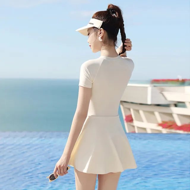 【STizi 史堤茲】顯瘦連身泳衣 連身裙 一體式 休閒保守 溫泉 運動 女式泳裝(455)