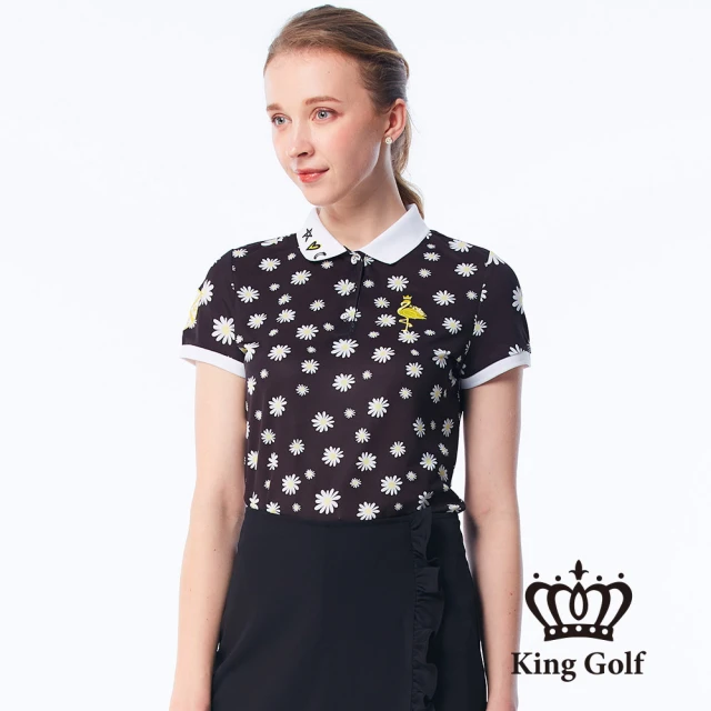 【KING GOLF】速達-網路獨賣款-女款小菊花印花刺繡造型POLO衫/高爾夫球衫(黑色)