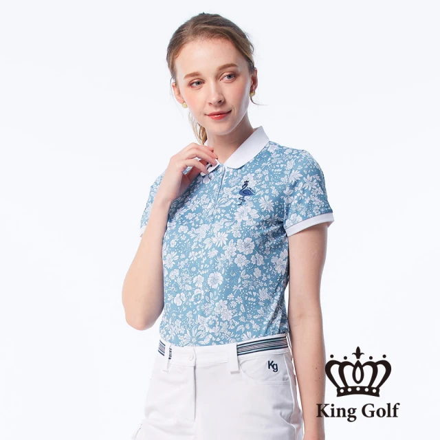 【KING GOLF】速達-網路獨賣款-女款花朵印花領口撞色刺繡造型POLO衫/高爾夫球衫(藍色)
