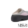 【MISS 21】微酸個性潮感LOGO異材質拼接撞色大頭厚底穆勒拖鞋(紫)