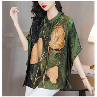 【ALLK 歐楷】出清 長版印花雪紡衫上衣 綠色(尺寸L-XXL/中大尺碼/涼爽/透氣)