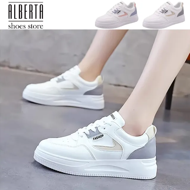 【Alberta】跟3cm 小白鞋 繫帶運動休閒厚底鞋板鞋 2色