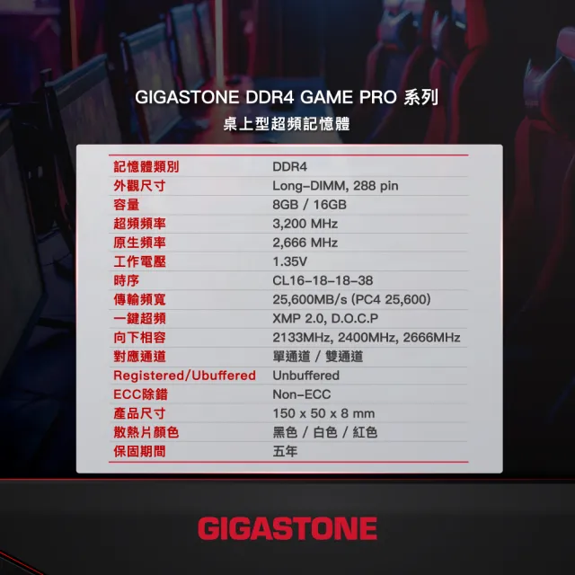 【GIGASTONE 立達】Game Pro DDR4 3200 16GB 電競超頻 桌上型記憶體-白(PC專用/8GBx2)