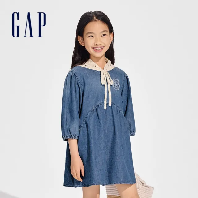 【GAP】女童裝 Logo圓領八分袖牛仔洋裝-深藍色(890490)