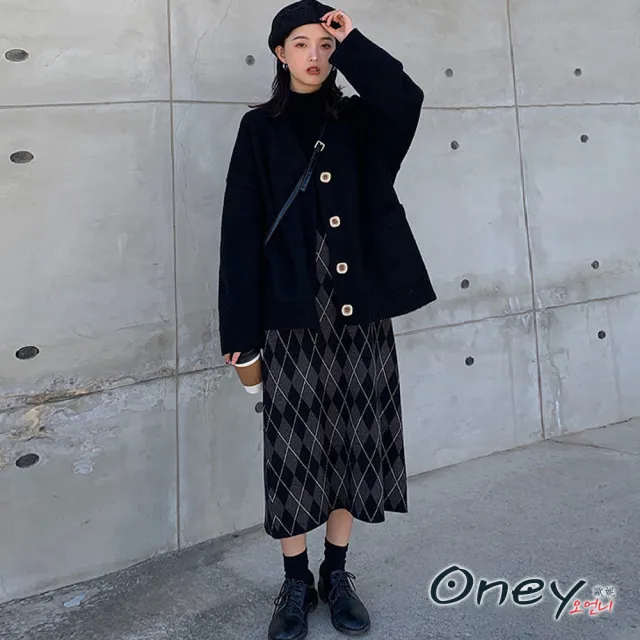 【ONEY 歐妮】● 復古英倫風菱格紋針織Ａ字裙(秋冬/半身裙/中長裙/售完不補)