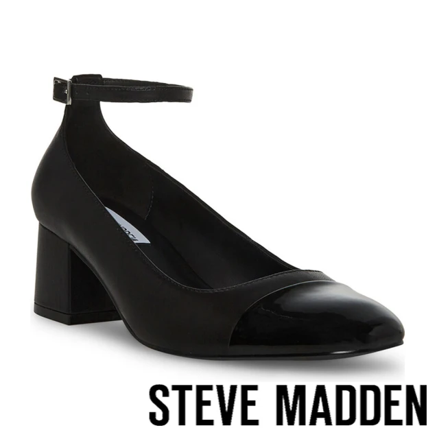 【STEVE MADDEN】ELI 拼接繞踝粗跟瑪莉珍鞋(黑色)