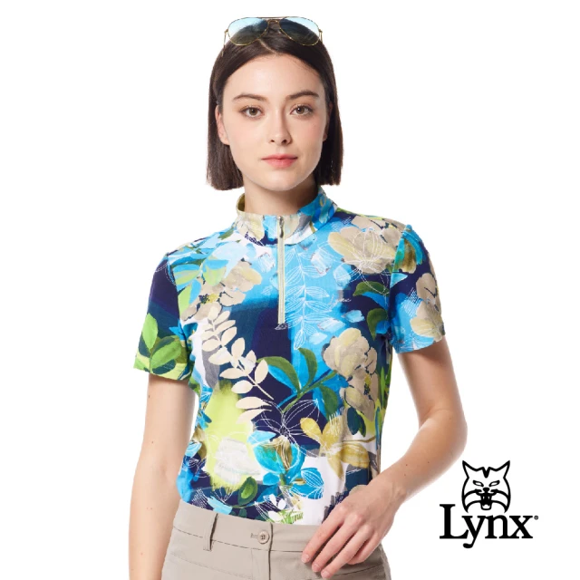 Lynx Golf 女款歐洲進口布料柔軟舒適滿版葉子圖樣印花短袖立領POLO衫(紫色)