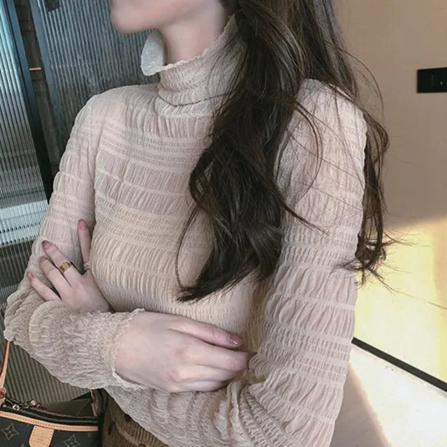 【D.studio】韓版氣質高領蕾絲內搭網紗上衣(長袖上衣 女裝 衣服 寬鬆上衣 顯瘦上衣 長袖t恤W405)