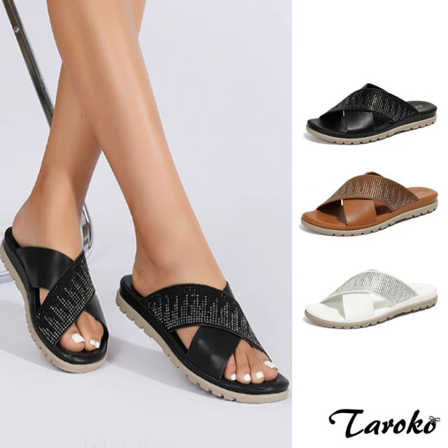 TarokoTaroko 復古低調閃亮水鑽交叉平底大尺碼涼鞋(3色可選)