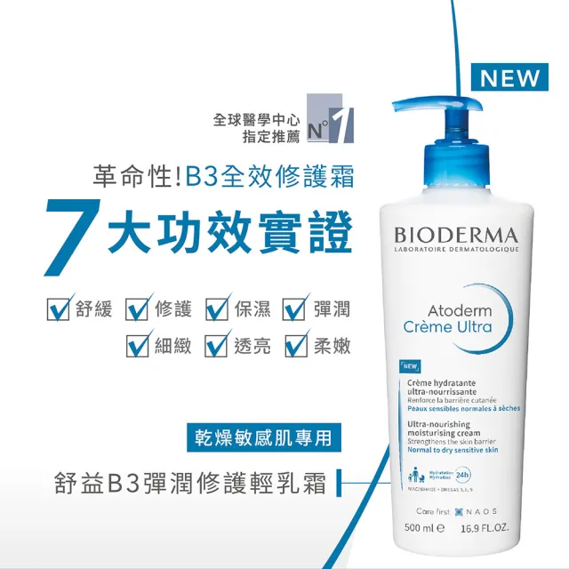 【BIODERMA 貝膚黛瑪】舒益B3彈潤修護輕乳霜500ml(官方直營)