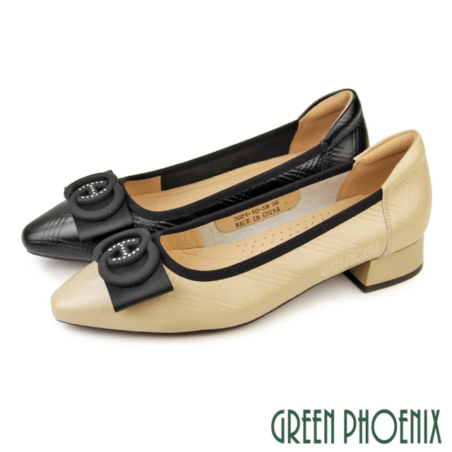 【GREEN PHOENIX 波兒德】女 跟鞋 包鞋 全真皮 蝴蝶結 尖頭 粗跟 粗中跟 OL通勤(杏色、黑色)