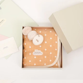 【MARURU】禮盒組 日本製六層紗被點點橙 手搖鈴組 70x50cm(彌月禮盒 新生兒禮盒 出生送禮 新生兒送禮)