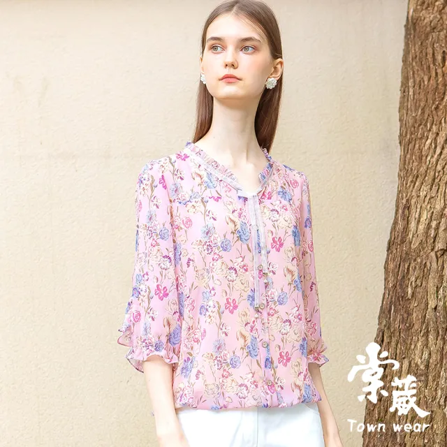 【TOWN’WEAR 棠葳】高雅花卉蕾絲綁帶雪紡上衣(女上衣/女上著/領結/透膚/氣質)