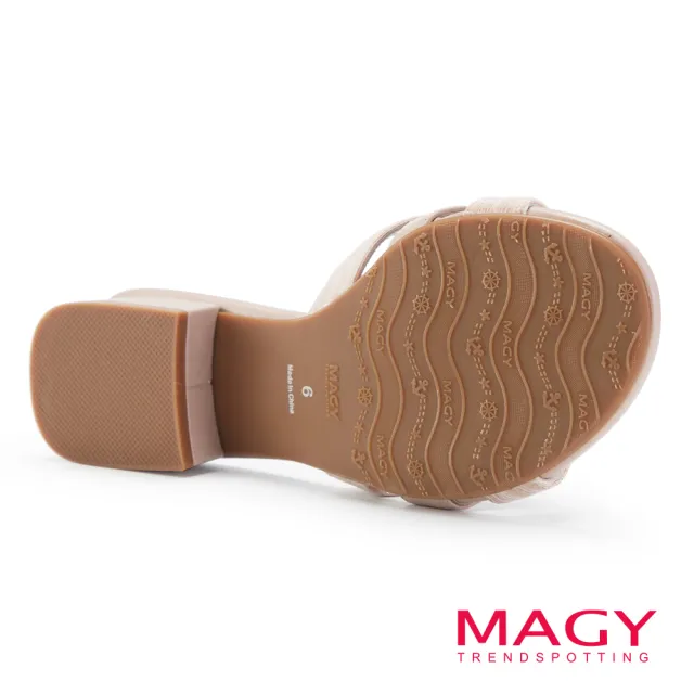 【MAGY】雙材質拼接造型低跟拖鞋(粉色)
