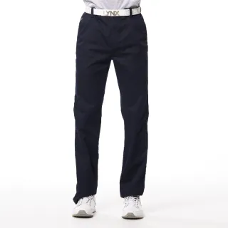 【Lynx Golf】男款彈性舒適混紡材質布料暗紋造型素面款式Lynx繡花平面休閒長褲(深藍色)
