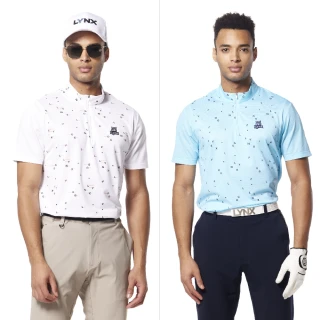 【Lynx Golf】男款吸排機能彈性水波紋材質Lynx Golf字樣造型短袖立領POLO衫/高爾夫球衫(二色)
