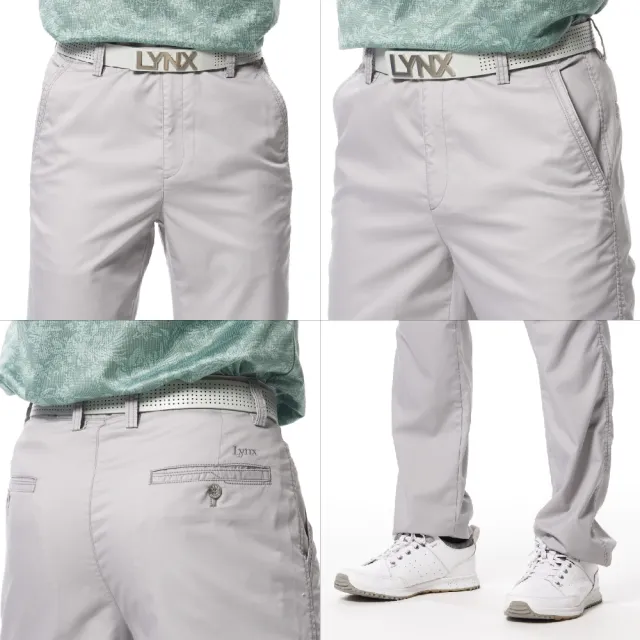 【Lynx Golf】男款彈性舒適竹纖維材質百搭素面款式Lynx繡花平面休閒長褲(灰色)