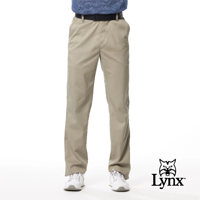 Lynx Golf 男款精選縲縈材質基本素面款式後袋Lynx繡花平面休閒長褲(卡其色)