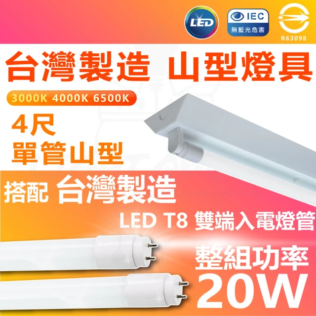 【台灣CNS認證 台灣製造】單入 LED山型燈具 單管 4尺 LED 燈管 雙端入電(白光/中性光/黃光)