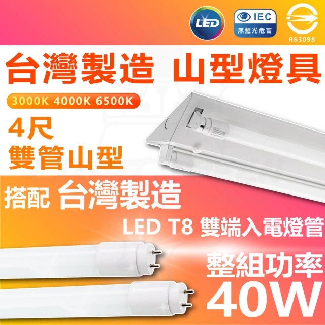 【台灣CNS認證 台灣製造】單入 LED山型燈具 雙管 4尺 LED 燈管 雙端入電(白光/中性光/黃光)