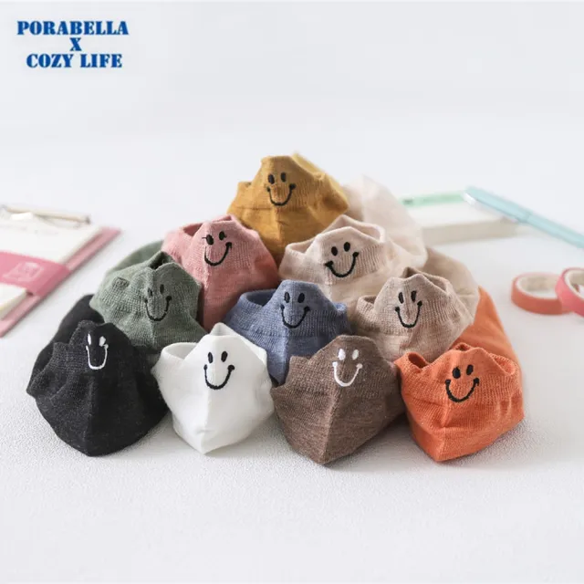 【Porabella】笑臉刺繡船襪 後跟刺繡短襪 笑臉襪 船型襪 隱形襪 女襪 短襪女 可愛襪子 學生襪 少女襪