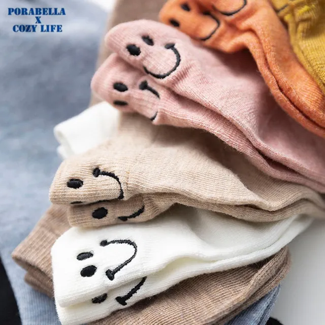 【Porabella】笑臉刺繡船襪 後跟刺繡短襪 笑臉襪 船型襪 隱形襪 女襪 短襪女 可愛襪子 學生襪 少女襪