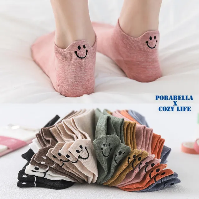 【Porabella】笑臉刺繡船襪 後跟刺繡短襪 笑臉襪 船型襪 隱形襪 女襪 短襪女 可愛襪子 學生襪 少女襪