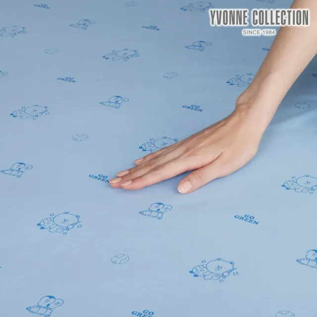 【YVONNE 以旺傢飾】100%美國棉印花床包-好友地球 天空藍(雙人 純棉 台灣製 LINE FRIENDS)