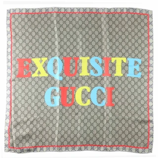 【GUCCI 古馳】EXQUISIE 品牌標誌純蠶絲絲巾(卡其色)