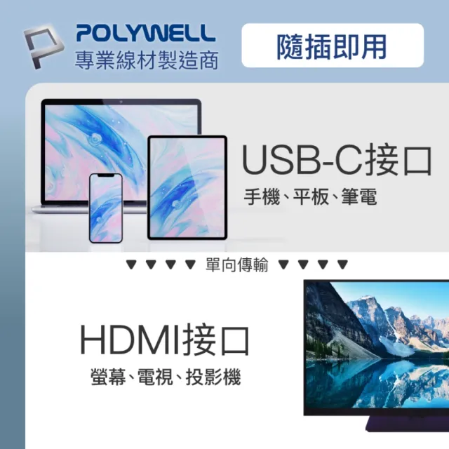 【POLYWELL】USB Type-C轉HDMI 4K60Hz訊號轉換線(手機手提電腦 Type-C輸出 影音同步投影)