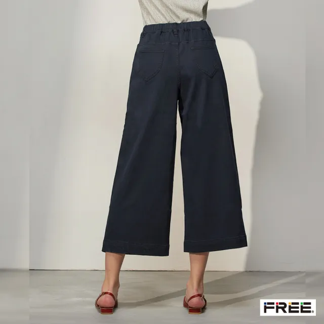 【FREE】彈性膠原蛋白口袋九分寬褲(深藍)