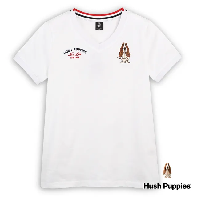 【Hush Puppies】女裝 T恤 HP造型繡花經典刺繡狗V領短袖T恤(白色 / 43211110)