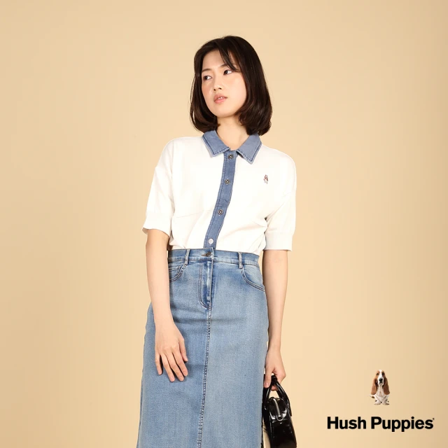 【Hush Puppies】女裝 線衫 異材質拼接牛仔線衫(米白 / 43213103)