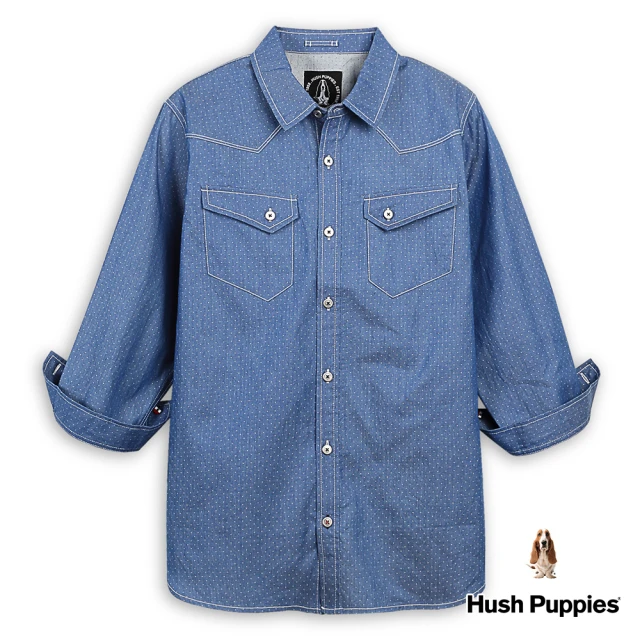 Hush Puppies 男裝 襯衫 簡約點點緹花五分袖牛仔襯衫(中藍 / 43112105)