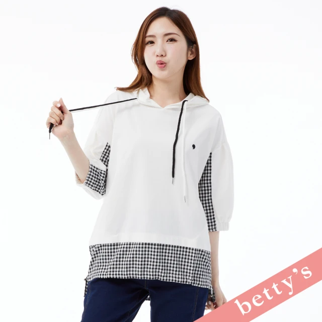 betty’s 貝蒂思 雙色抽繩格紋拼接連帽T-shirt(象牙白)