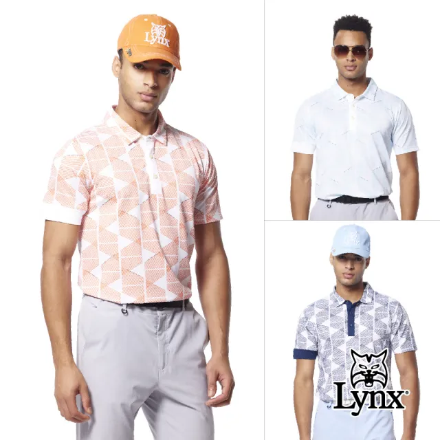 【Lynx Golf】男款吸排抗UV涼感機能右袖Lynx字樣凸字繡花線條排列印花短袖POLO衫/高爾夫球衫(三色)