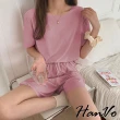 【HanVo】現貨 高質感色系涼感套裝(舒適透氣輕薄冰絲家居服 運動套裝 成套套裝 睡衣 女生衣著 5916)