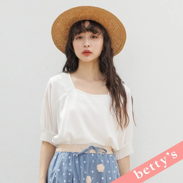 【betty’s 貝蒂思】澎澎紗袖壓褶方領T-shirt(白色)