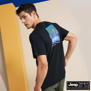 【JEEP】男裝 簡約山林圖騰短袖T恤(黑色)