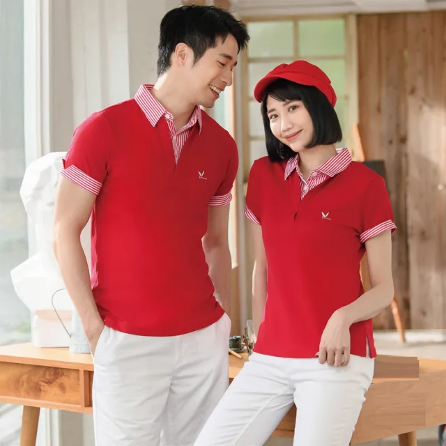 【LEIDOOE】深紅搭配線條假兩件女款短袖POLO衫(76262)