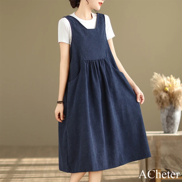 【ACheter】休閒背帶連身裙復古燈芯絨時尚寬鬆大碼A字背心洋裝#121015(黑/藍/藏青)